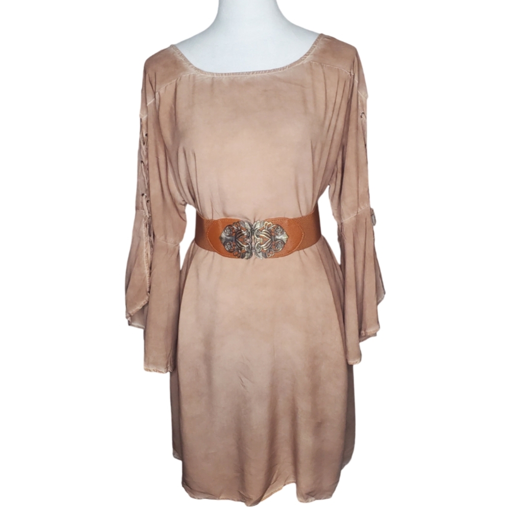 ee:some 100% Rayon Lace Up Bell Sleeve Dress
